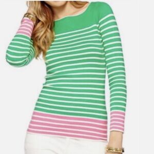 Lilly Pulitzer pink, white, and green Maria boatneck sweater, size large, EUC